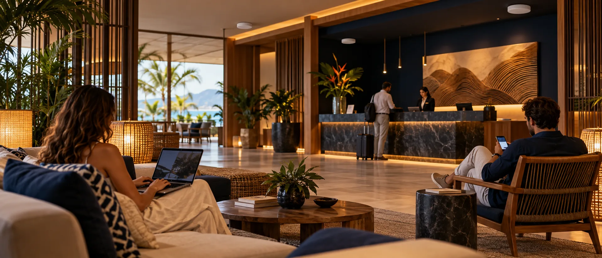 Ambiente de hotel com hóspedes usando dispositivos conectados