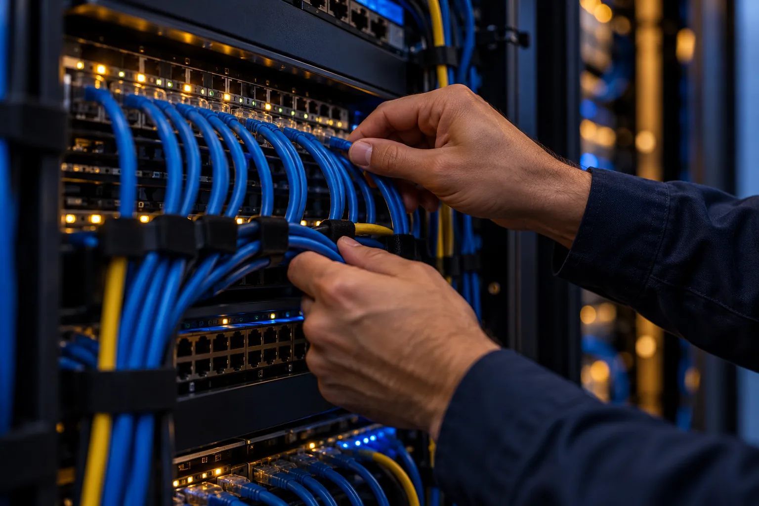 Organização de cabos de rede em um rack profissional